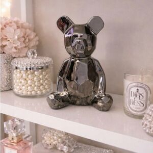 🐻 Ceramic Geometric Bear Figurine - Metallic Silver 🐻